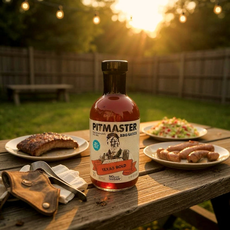 True Made Foods Texas Bold BBQ sauce on a wooden table with grilled meat, sausages, and salad in a backyard setting.