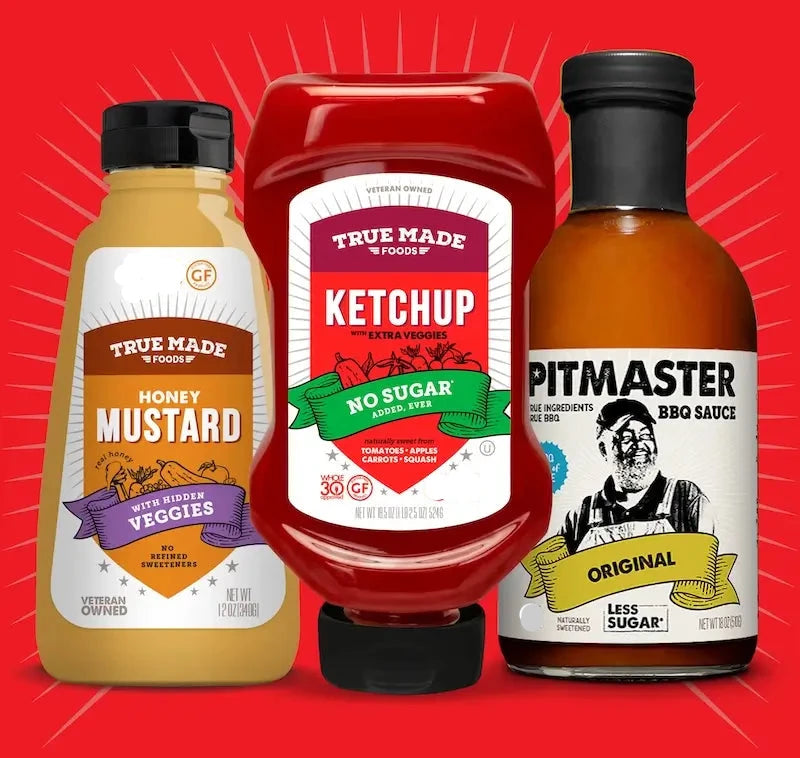 True Made Foods Honey Mustard, No Sugar Ketchup and Pitmaster BBQ Sauce