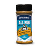 A bottle of True Made Foods All Rub seasoning rub, featuring a black cap and a blue, white, and yellow label, set against a plain white background.